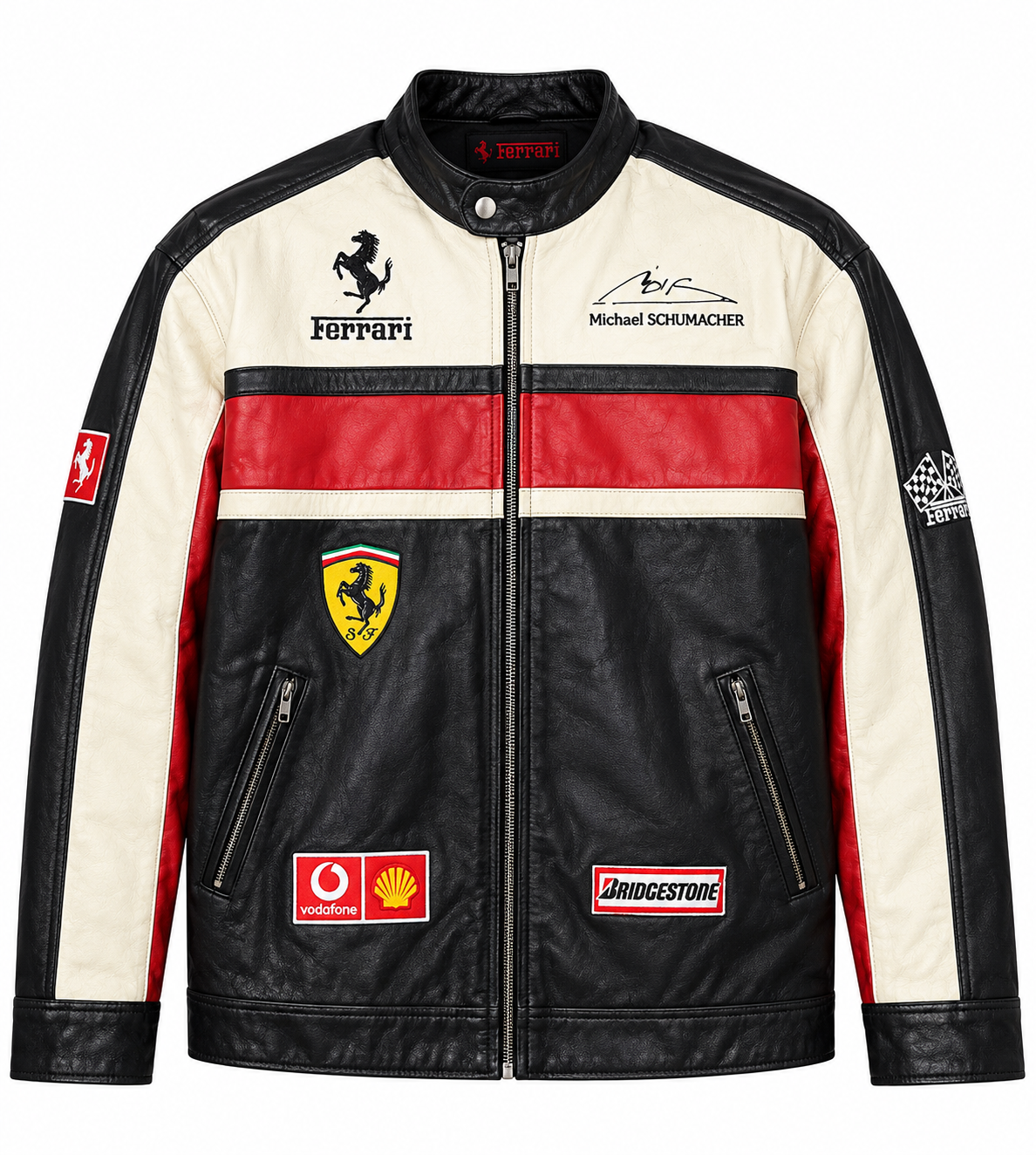 Men's cream, black and red vintage leather racing jacket, front view