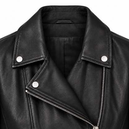 Close-up of moto-style snap lapel and zip on black leather coat