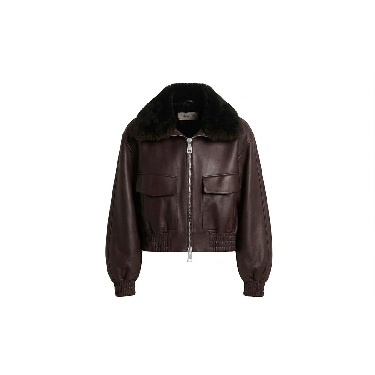 Unisex brown cowhide leather aviator jacket with black faux fur collar and flap pockets, front view