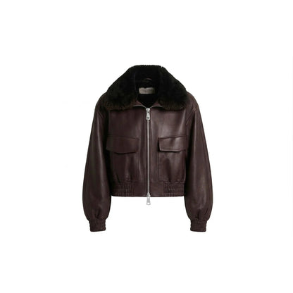 Unisex brown cowhide leather aviator jacket with black faux fur collar and flap pockets, front view