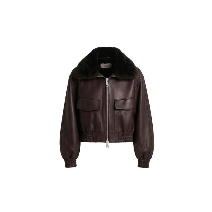 Unisex brown cowhide leather aviator jacket with black faux fur collar and flap pockets, front view