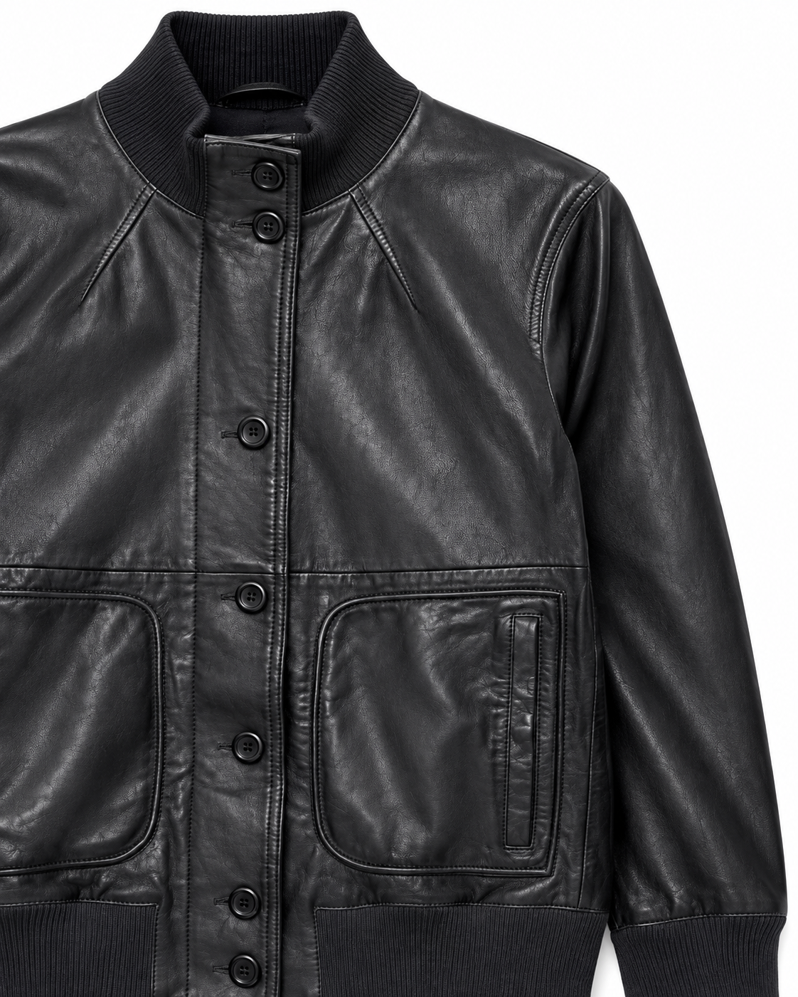 Women's black real leather bomber jacket buttoned up, showing patch pockets