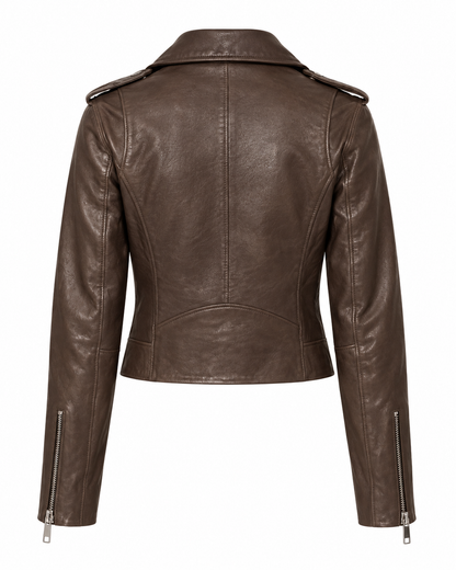 Back view of women's brown leather biker jacket