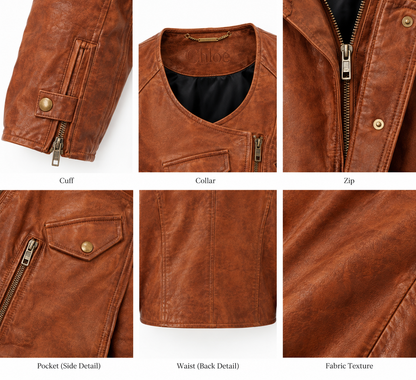Close-up of cuff, neckline, zip, pockets and brass hardware on cognac moto jacket
