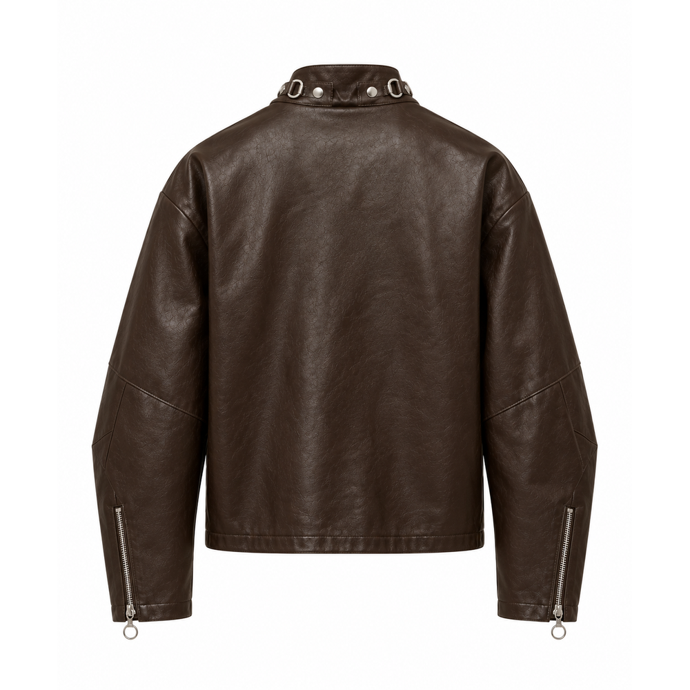 Back view of men's dark brown leather moto jacket with zip cuffs
