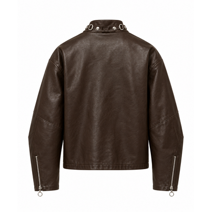 Back view of men's dark brown leather moto jacket with zip cuffs