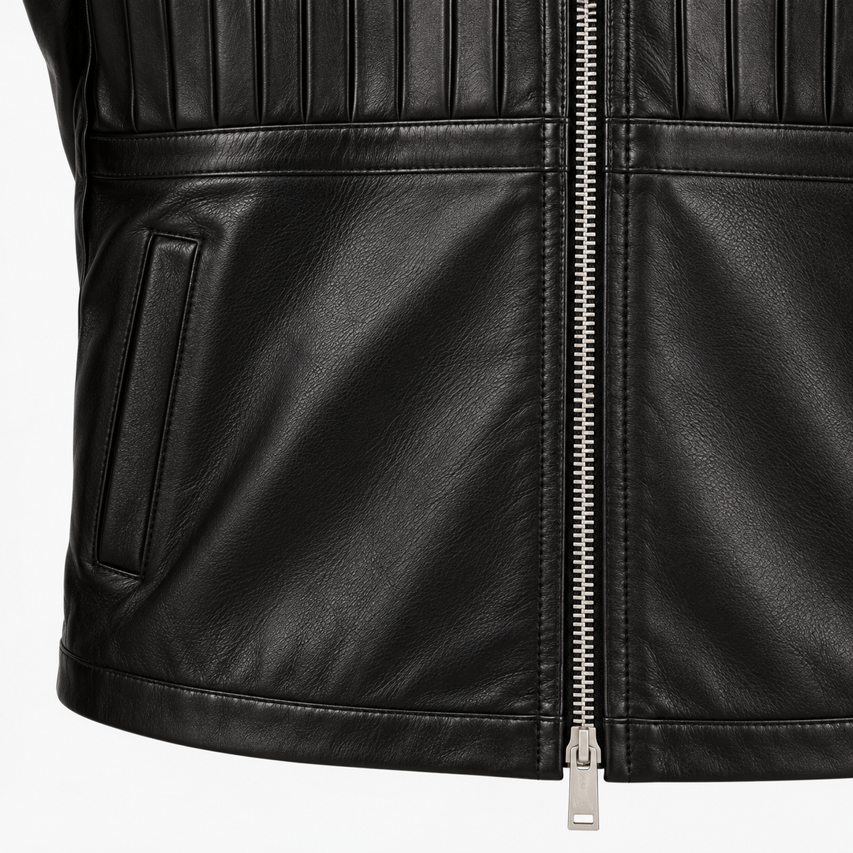 Close-up of zip pocket and pintuck stitching on black cowhide leather jacket