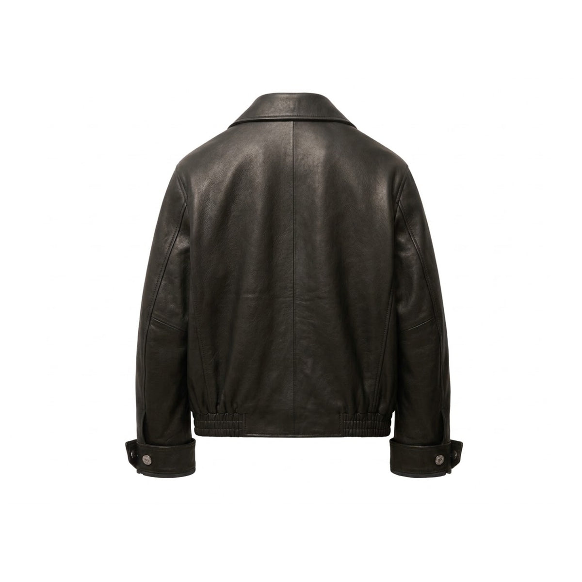 Back view of men's black leather jacket with elastic waist