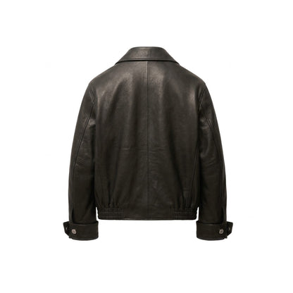 Back view of men's black leather jacket with elastic waist