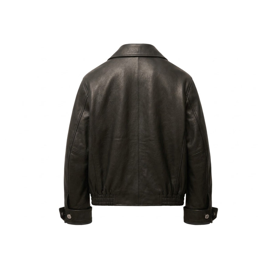 Schwarze Harrington-Jacke aus Leder für Herren – Hemdkragen & elastischer Bund – detail view