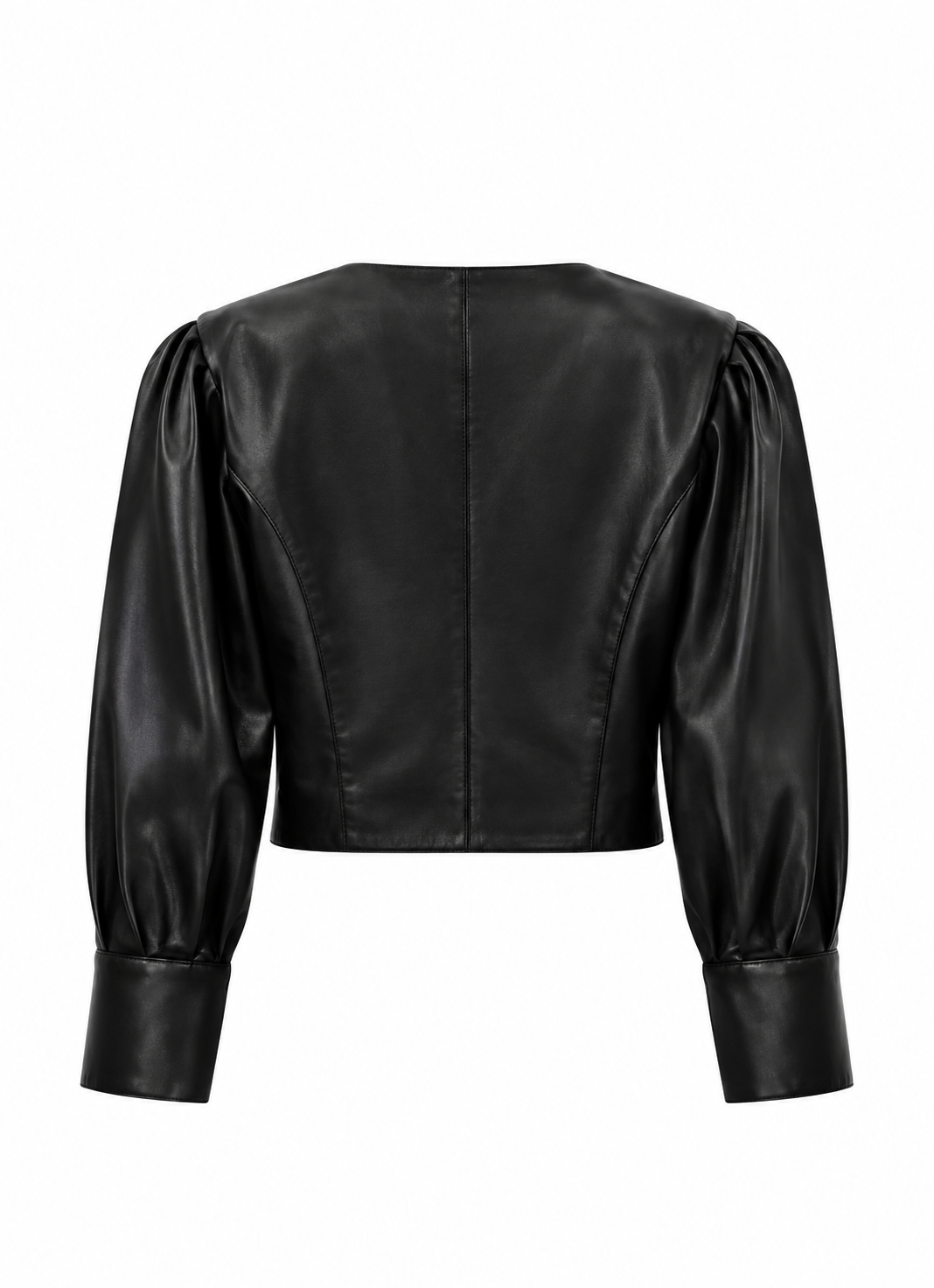 Back view of women's cropped black leather jacket with puff sleeves
