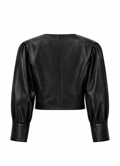 Back view of women's cropped black leather jacket with puff sleeves