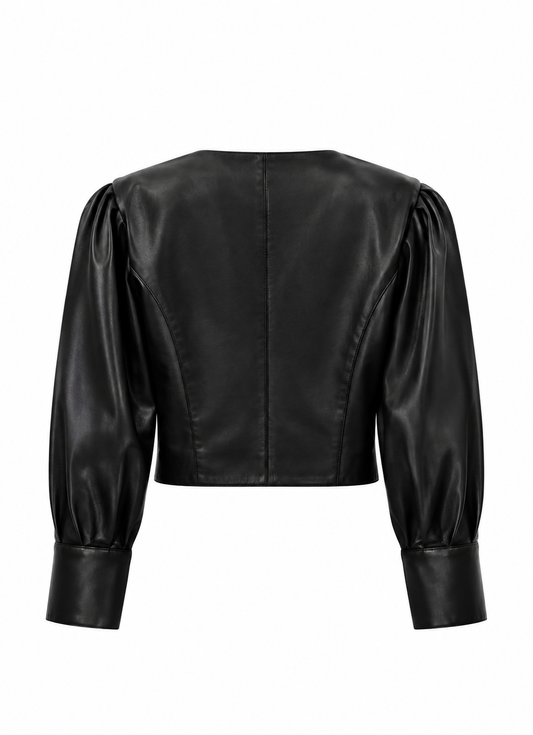 Back view of women's cropped black leather jacket with puff sleeves