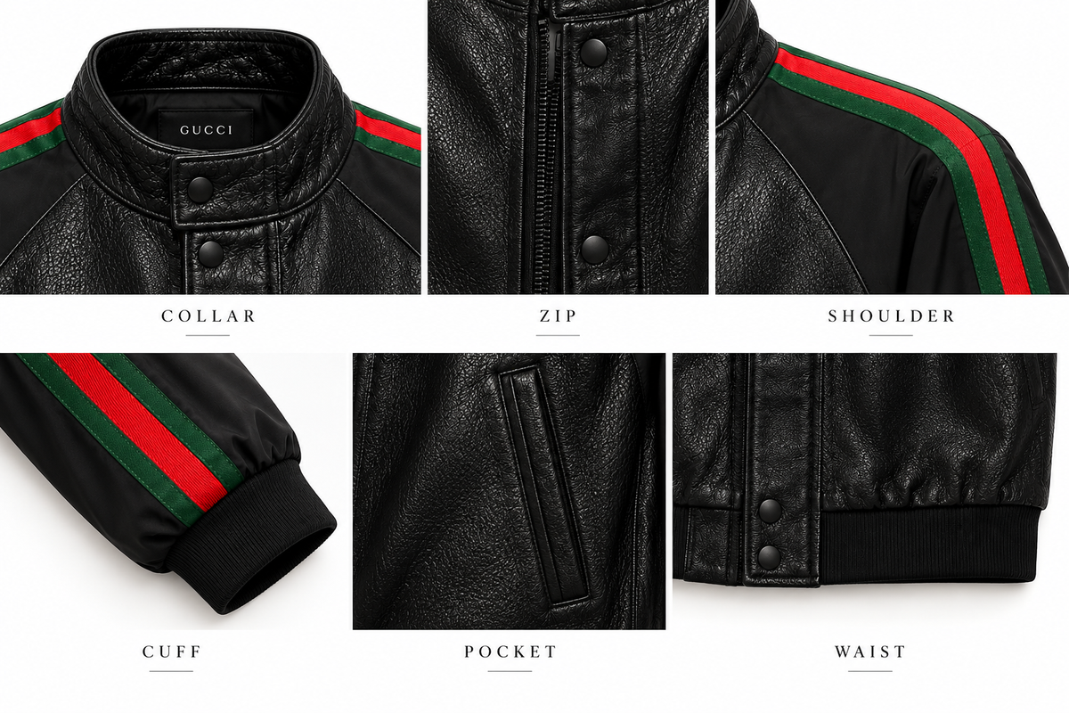 Close-up of collar, snap front, shoulder stripe, cuff, pocket and waistband details