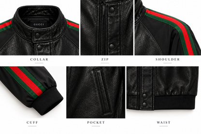 Close-up of collar, snap front, shoulder stripe, cuff, pocket and waistband details