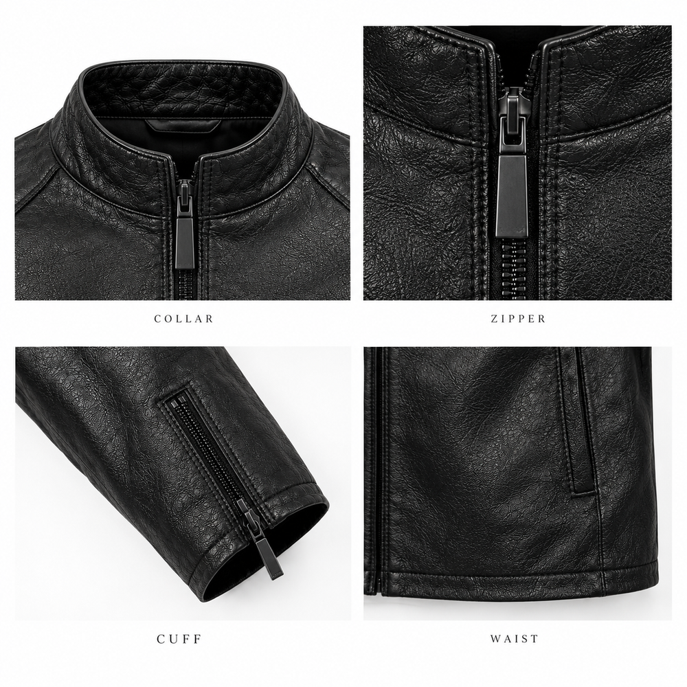 Close-up detail of men's black fitted leather jacket