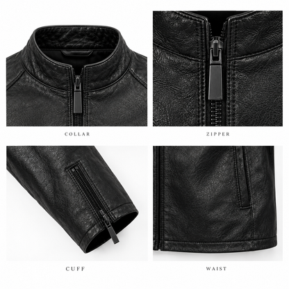Close-up detail of men's black fitted leather jacket