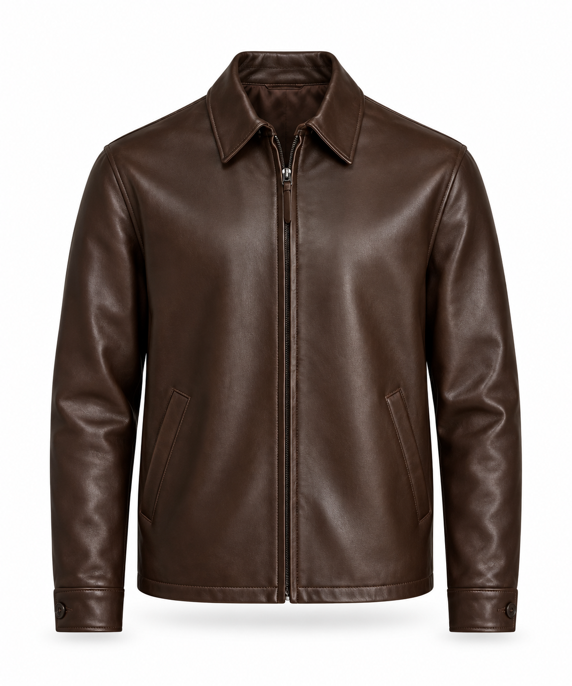 Men's chocolate brown leather jacket with shirt collar and zip front, front view