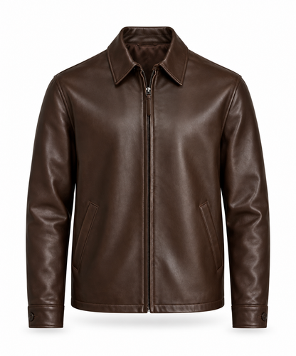 Men's chocolate brown leather jacket with shirt collar and zip front, front view