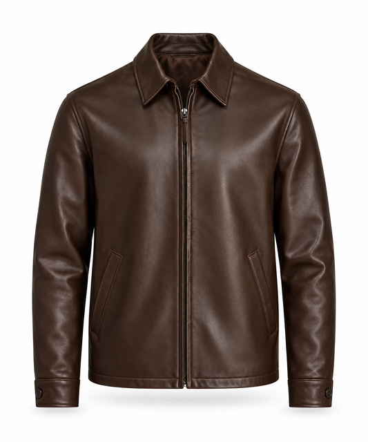 Men's chocolate brown leather jacket with shirt collar and zip front, front view