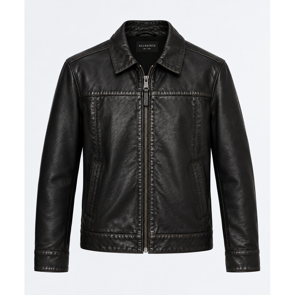 Men's black cowhide leather jacket with shirt collar and zip front, front view