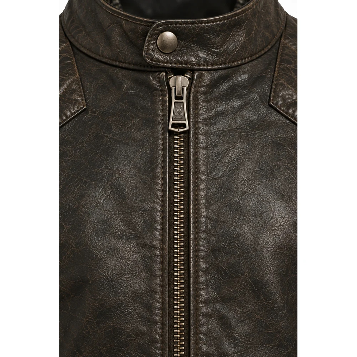 Close-up of front zip on distressed brown leather cafe racer jacket