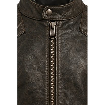 Close-up of front zip on distressed brown leather cafe racer jacket
