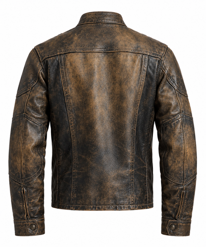 Back view of men's distressed brown leather biker jacket