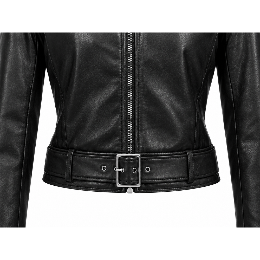 Close-up of buckled waist belt on black leather moto jacket