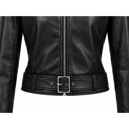 Close-up of buckled waist belt on black leather moto jacket