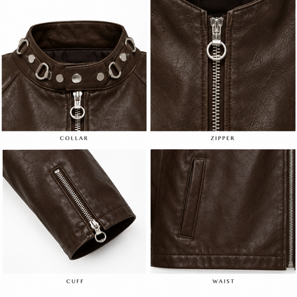 Close-up of ring-detail collar, zip, cuff and pocket on brown leather moto jacket