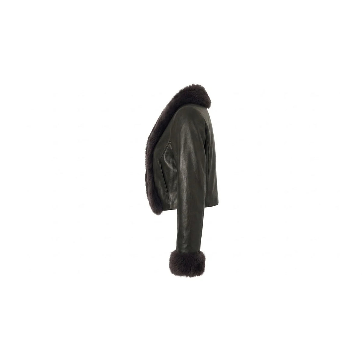 Side profile of women's cropped black leather jacket with fur collar
