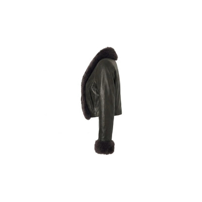 Side profile of women's cropped black leather jacket with fur collar