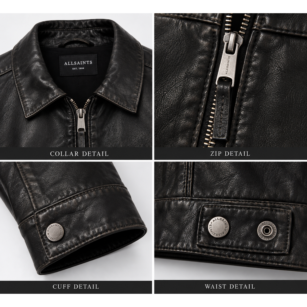 Close-up of collar, zip, cuff and waist snap details on black leather jacket