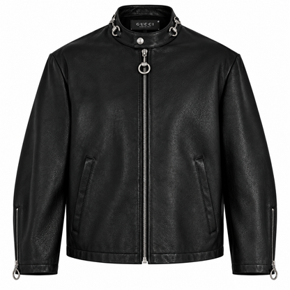 Men's black leather moto jacket with stand collar and ring zip pull, front view