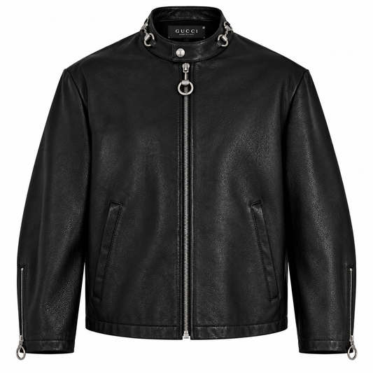Men's black leather moto jacket with stand collar and ring zip pull, front view