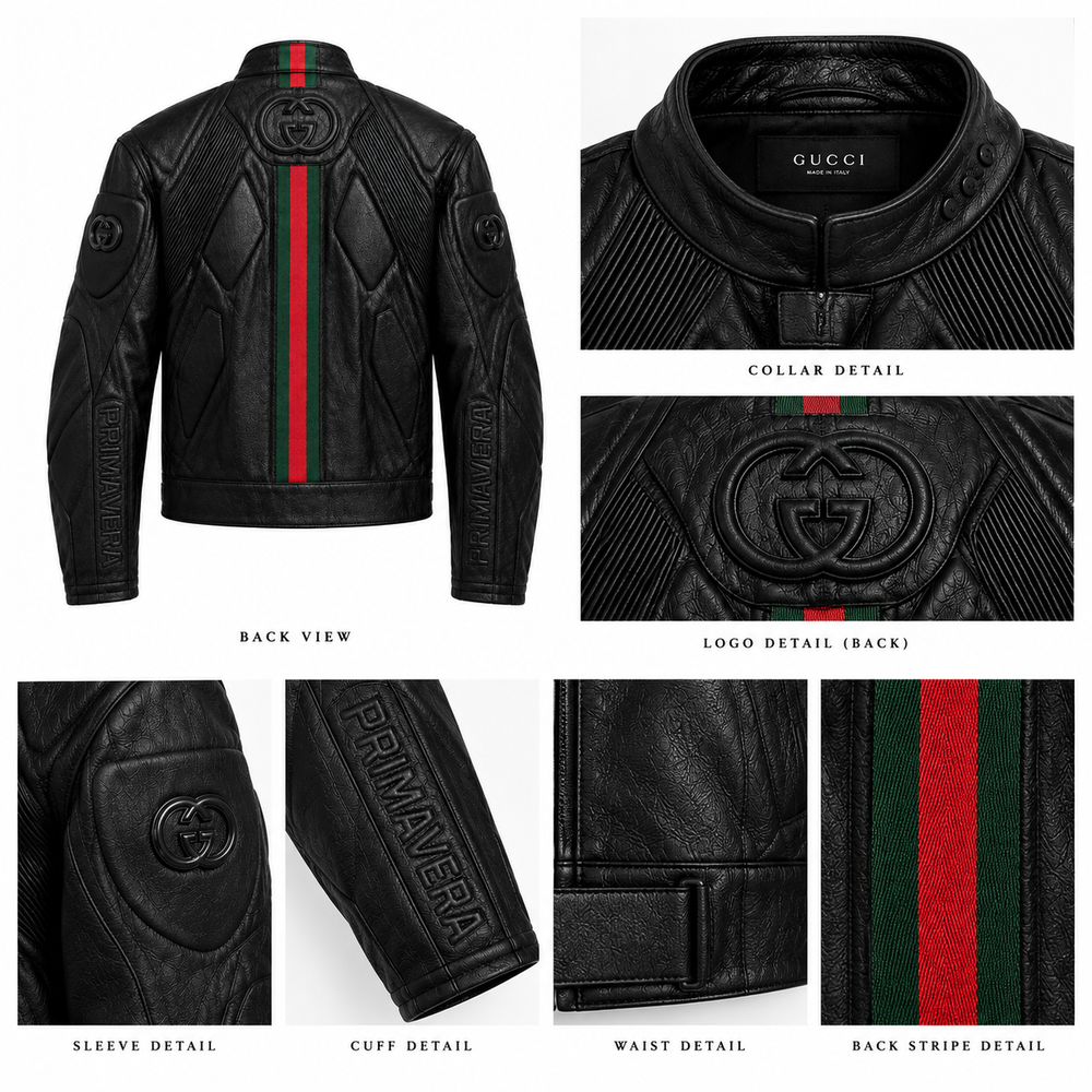 Close-up details of quilted panels, collar, cuffs and racing stripe on embossed moto jacket