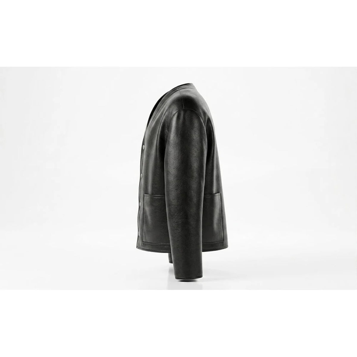 Side view of black collarless cowhide leather bomber jacket