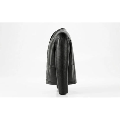 Side view of black collarless cowhide leather bomber jacket