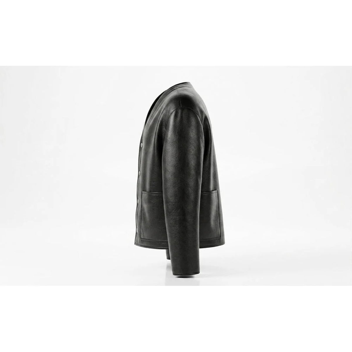 Side profile of black collarless snap-front leather bomber jacket