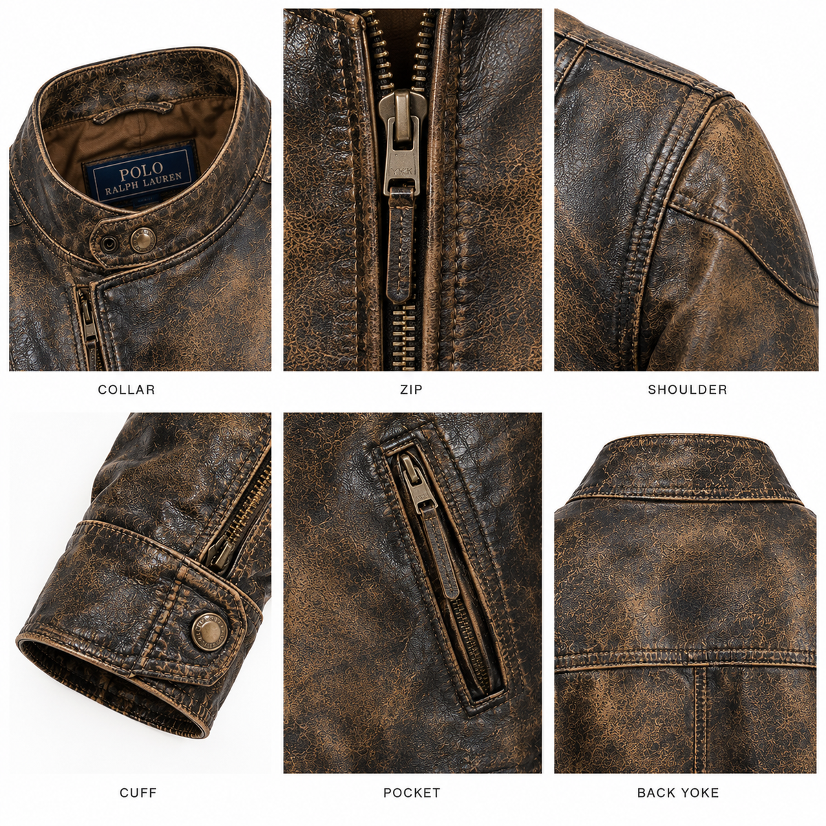 Close-up of collar, zip, shoulder, cuff, pocket and waist details on distressed moto jacket