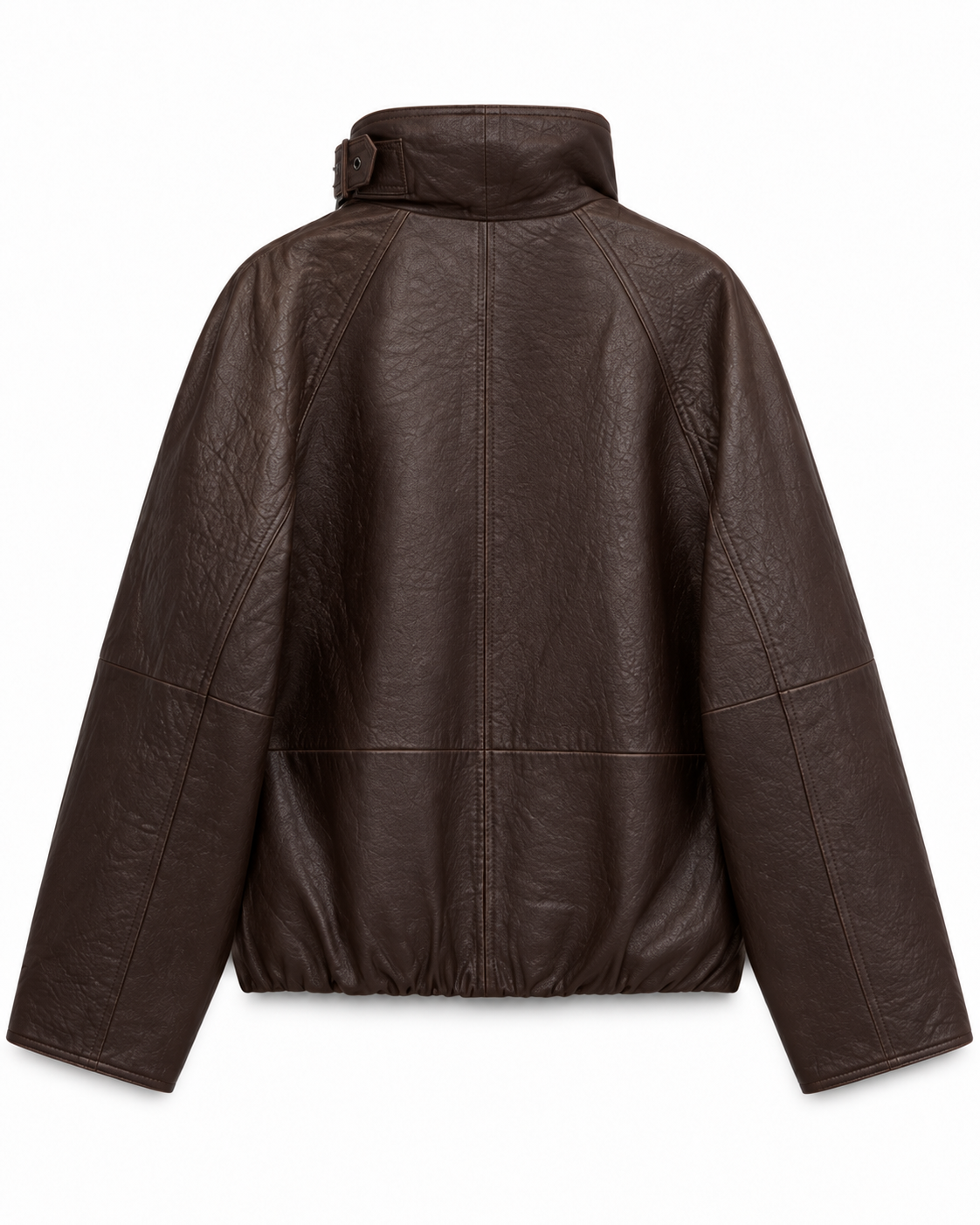 Back view of women's oversized chocolate brown leather jacket