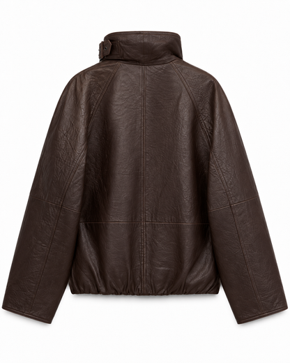 Back view of women's oversized chocolate brown leather jacket