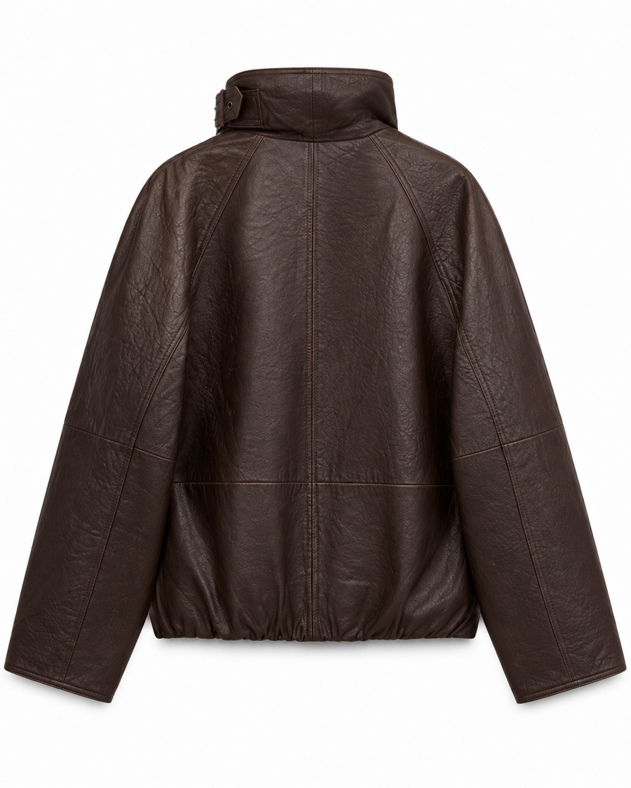 Damen-Oversize-Lederjacke in Braun – Trichterkragen mit Schnalle – detail view