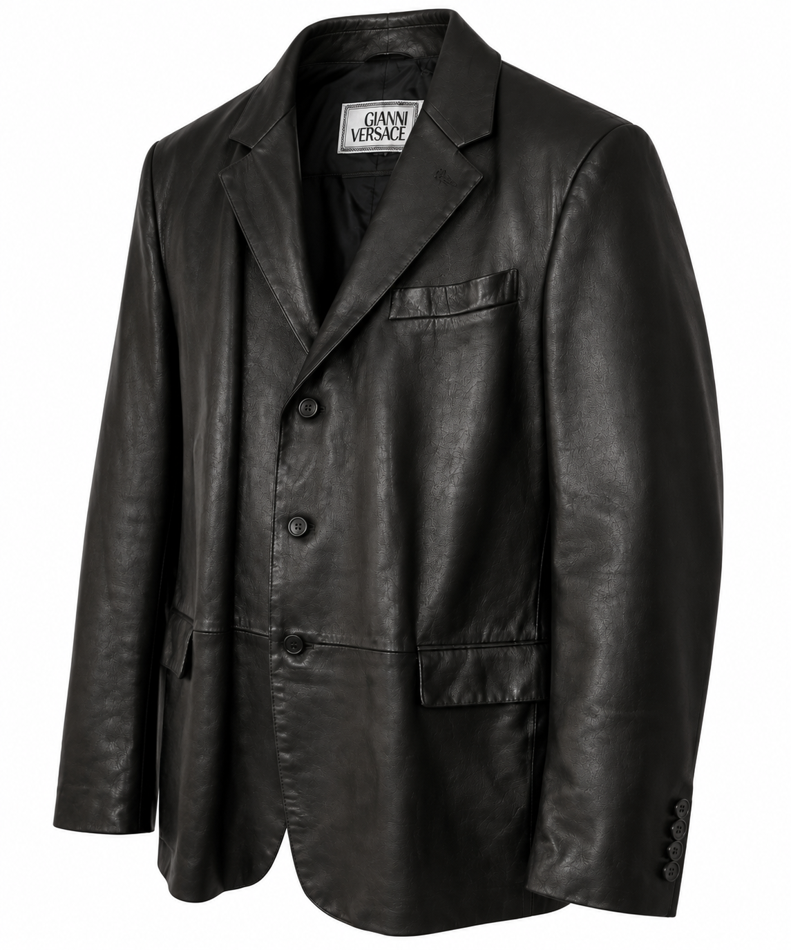 Three-quarter view of men's black leather blazer