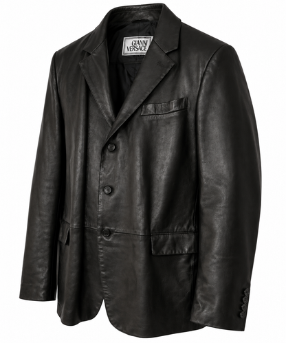 Three-quarter view of men's black leather blazer