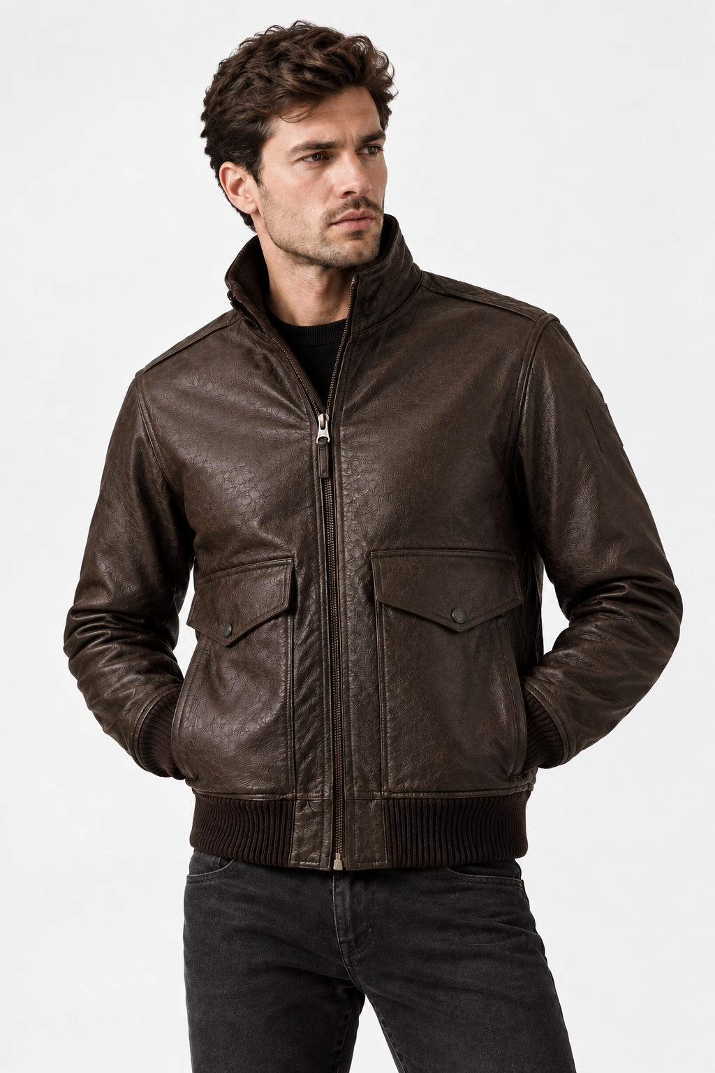 Man wearing dark brown leather field jacket