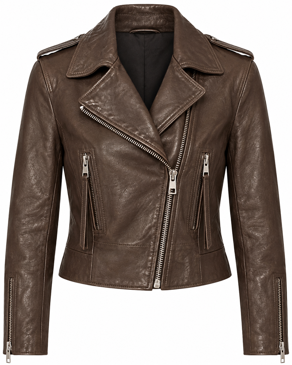 Women's brown leather moto biker jacket with asymmetric zip and lapels, front view