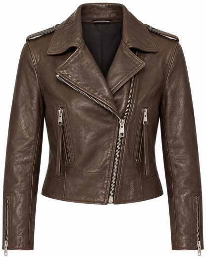 Women's brown leather moto biker jacket with asymmetric zip and lapels, front view
