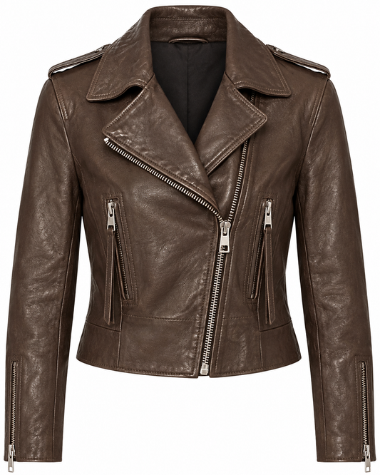 Women's brown leather moto biker jacket with asymmetric zip and lapels, front view